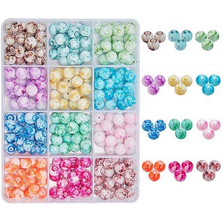 NBEADS 240 Pcs Spray Painted Glass Beads, 12 Colors Baking Painted Style Round Glass Beads for Jewelry Making Necklaces Bracelets DIY Supplies