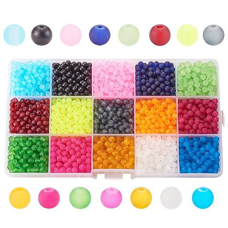 ARRICRAFT 1 Box (about 1500pcs) 15 Color 4mm Frosted Transparent Glass Bead Assortment Lot for Jewelry Making