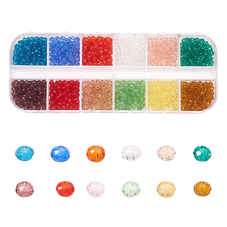 ARRICRAFT Transparent Glass Beads, Faceted, Rondelle, Mixed Color, 3.5~4x2.5~3mm, Hole: 0.5mm, 1200pcs/box