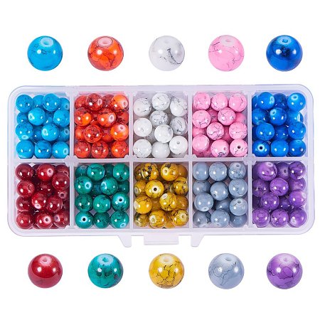 PandaHall Elite 1 Box (about 140pcs) 10 Color 10mm Round Drawbench Flowering Effect Glass Beads Assortment Lot for Jewelry Making
