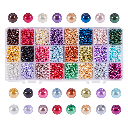 PandaHall Elite 24 Color 4mm Environmental Dyed Round Glass Pearl Beads Assortment Lot for Jewelry Making, about 5520pcs/box