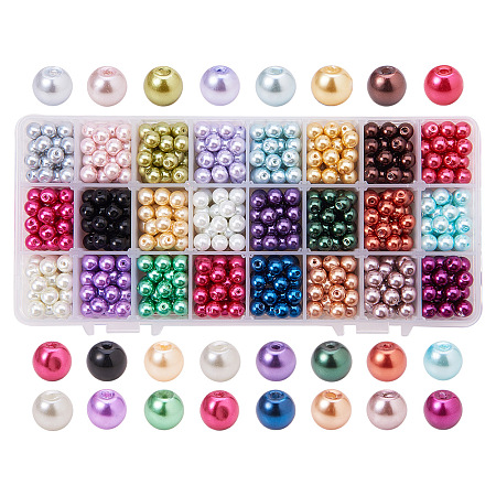 PandaHall Elite 24 Color Diameter 8mm Environmental Dyed Round Glass Pearl Beads Assortment Lot for Jewelry Making, about600pcs/box