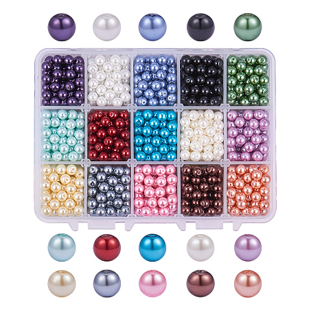 PandaHall Elite About 1125 Pcs 6mm Tiny Satin Luster Glass Pearl Bead Round Loose Spacer Beads 15 Colors for Jewelry Making