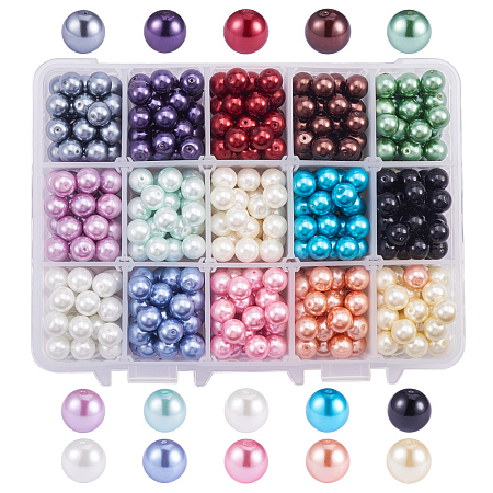 PandaHall Elite About 525 Pcs 8mm Tiny Satin Luster Glass Pearl Bead Round Loose Spacer Beads 15 Colors for Jewelry Making