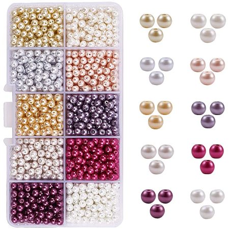 PandaHall Elite 1700pcs/box 10 Colors 4mm Environmental Dyed Round Glass Pearl Beads Assortment Lot for Jewelry Making, Hole: 0.7-1.1mm