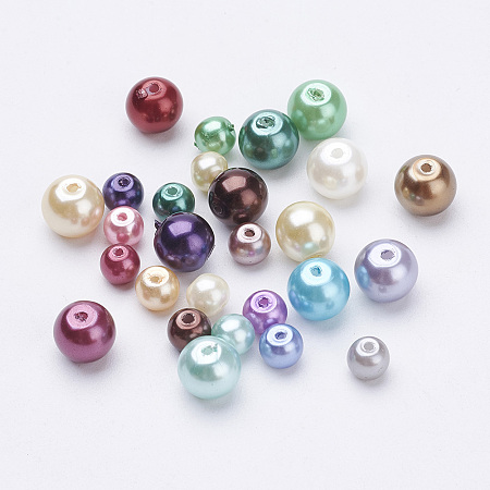 Arricraft Eco-Friendly Dyed Glass Pearl Round Bead Strands, Cotton Cord Threaded, Mixed Color, Mixed Color, 4~6mm, Hole: 0.7mm
