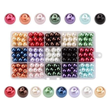 ARRICRAFT 1 Box(270pcs, 18pcs/Color) 15 Color Dyed Round Glass Pearl Beads Assortment Lot for Jewelry Making, 10mm, Hole: 1mm