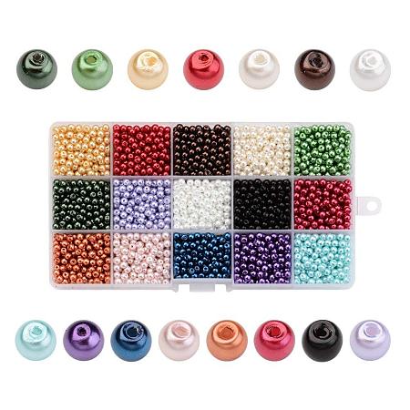 ARRICRAFT 1 Box(3600pcs, 240pcs/color) 15 Color Dyed Round Glass Pearl Beads Assortment Lot for Jewelry Making, 4mm, Hole: 0.8mm