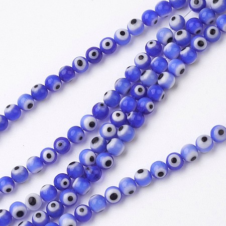 Honeyhandy Handmade Evil Eye Lampwork Beads Strands, Round, Dark Blue, 4mm, Hole: 0.5mm, about 100pcs/strand, 16 inch(10.5cm)