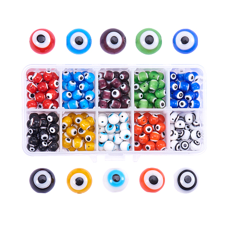 PandaHall Elite 10 Color 8mm Round Evil Eye Lampwork Beads Handmade Beads Assortment Lot for Jewelry Making, about 200pcs/box