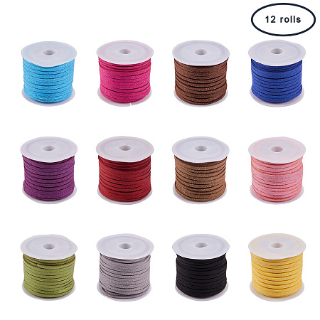 PandaHall Elite 12 Rolls 3mm Faux Leather Suede Beading Cords Lace Velvet String with Glitter Powder 5.5 Yard per Roll 12 Colors for Jewelry Making