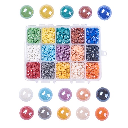 15 Colors Pearlized Plated Handmade Porcelain Cabochons, Half Round/Dome, Mixed Color, 5.5x3mm, about 215~220pcs/comparment, 3225~3300pcs/box