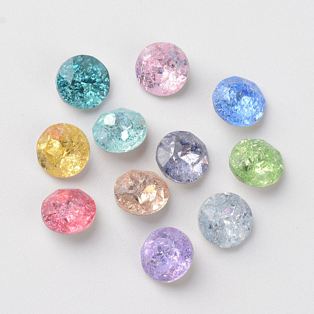 Honeyhandy Pointed Back K9 Glass Rhinestone Cabochons, Crackle Style, Imitation Austrian Crystal, Back Plated, Faceted, Flat Round, Mixed Color, 6x3mm