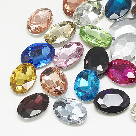 Honeyhandy Pointed Back Glass Rhinestone Cabochons, Faceted, Oval, Mixed Color, 18x13x5.5mm