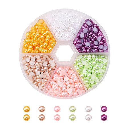 PandaHall Elite Diameter 4mm 6 Colors Imitation Pearl Cabochons ABS Acrylic Half Round Flat Back  Cabochons for Jewelry Craft Making, about 1800pcs/box