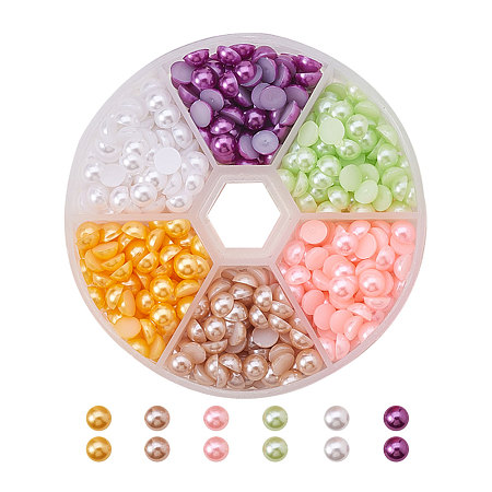 PandaHall Elite Diameter 6mm 6 Colors Imitation Pearl Cabochons ABS Acrylic Half Round Flat Back  Cabochons for Jewelry Craft Making, about 600pcs/box