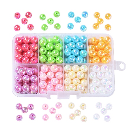 8 Color Plating Environmental Poly Styrene Acrylic Beads, Plated with AB Color, Round, with 8 Compartments Plastic Bead Container, Mixed Color, 8mm, Hole: 1mm, about 240pcs/box