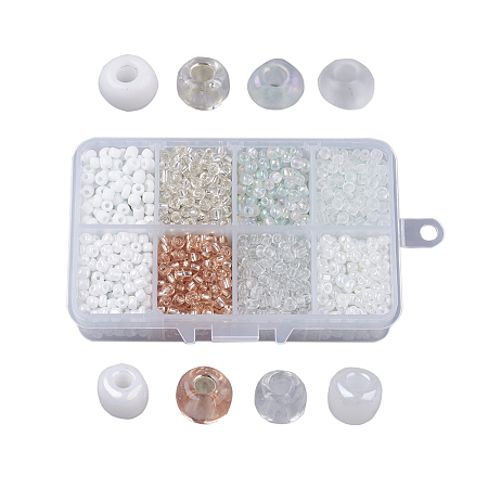 Honeyhandy 6/0 Glass Seed Beads, Mixed Style, Round, White, 4x3mm, Hole: 1mm, about 1900pcs/box, Packaging Box: 11x7x3cm