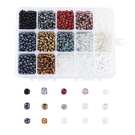 6/0 Glass Seed Beads, Transparent & Frosted Colors & Baking Paint & Opaque Colors Lustered & Opaque Colours &  Trans. Colours Lustered & Silver Lined & Transparent Colours Rainbow & Ceylon, Round, Mixed Color, 6/0, 4mm, Hole: 1~2mm, 15color, 20g/color, 300g/box