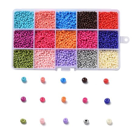Honeyhandy 180G 15 Colors Baking Paint Glass Seed Beads, Round, Mixed Color, 8/0, 3~4x2~3mm, Hole: 0.8~1mm, 12g/color