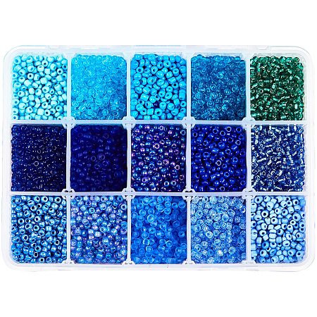 NBEADS 15 Colors 8/0 Glass Seed Beads, About 6750 Pcs Opaque Blue Seed Beads 3mm Round Pony Beads Mini Spacer Loose Beads for DIY Craft Bracelet Necklace Jewelry Making