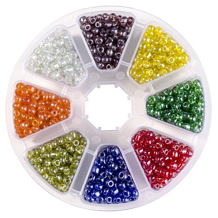 PandaHall Elite Multicolor 6/0 Diameter 4mm Lustered Transparent Round Glass Seed Beads with Box Set Value Pack, about 1440pcs/box