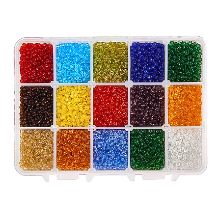 PandaHall Elite About 7500pcs 15 Color 8/0 Transparent Glass Seed Beads 3mm Seed Beads with Container Box for Jewelry Making