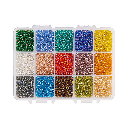 PandaHall Elite About 1500pcs 15 Color 12/0 Glass Seed Beads 2mm Silver Lined Beads with Container Box for Jewelry Making