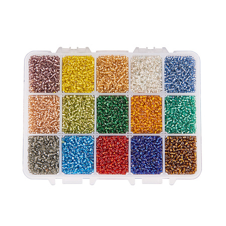 PandaHall Elite About 500pcs 15 Color 8/0 Glass Seed Beads 3mm Silver Lined Beads with Container Box for Jewelry Making