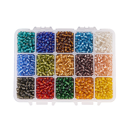 PandaHall Elite About 220pcs 15 Color 6/0 Glass Seed Beads 4mm Silver Lined Beads with Container Box for Jewelry Making