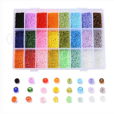ARRICRAFT 24 Colors 12/0 Glass Seed Beads, Opaque Colors Lustered & Ceylon & Opaque Colours Seed & Frosted Colors & Colors Rainbow & Colours Lustered & Silver Lined & Transparent, Round, Mixed Color, 2mm, Hole: 1mm