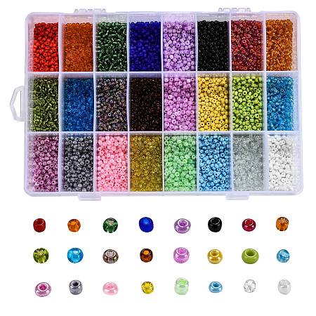 ARRICRAFT 24 Colors 8/0 Glass Seed Beads, Opaque Colors Lustered & Ceylon & Opaque Colours Seed & Frosted Colors & Colors Rainbow & Colours Lustered & Silver Lined & Transparent, Round, Mixed Color, 3mm, Hole: 1mm