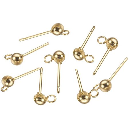 Pandahall Elite 100pcs Golden Stainless Steel Earring Studs Ball Post Ear Pin with Loop Round Ball with Ring Earrings Posts Components Earring Making