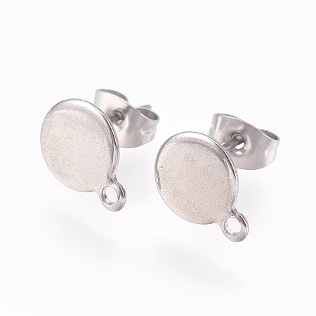 304 Stainless Steel Stud Earring Findings, with Flat Plate, Flat Round, Stainless Steel Color, 12mm; 10.5~11x8x0.7mm; pin: 0.8mm