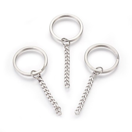 Honeyhandy 304 Stainless Steel Split Key Rings, Keychain Clasp Findings, with Chains, Stainless Steel Color, 75mm, 30x2.5mm