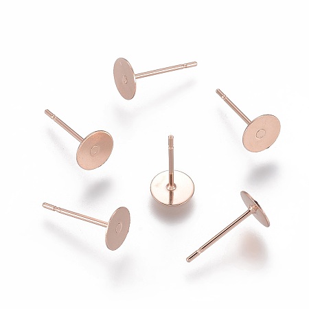 Honeyhandy 304 Stainless Steel Stud Earring Findings, Flat Round, Rose Gold, 6x0.3mm, Pin: 0.7mm
