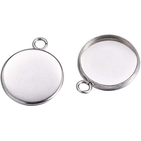 Pandahall Elite 200pcs 304 Stainless Steel Pendant Cabochon Settings Flat Round Stainless Steel Color Cabochon Settings Trays Blanks Dangle Charms with Hole for Jewelry Making 19.5x16x2mm, Tray: 14mm