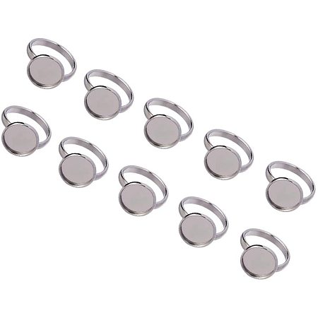 Pandahall Elite 50pcs Stainless Steel Adjustable Finger Rings Components Flat Round Pad Ring Base Findings for Ring Making (Tray: 12mm)