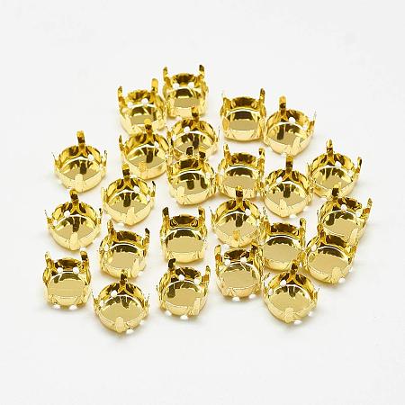 ArriCraft About 100pcs Flat Round Golden 201 Stainless Steel Rhinestone Claw Settings Blank Bezel for Sewing Crystal Rhinestones, Tray: 9mm, Hole: 1mm