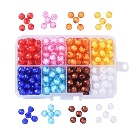 8 Color Faceted Transparent Acrylic Beads, Bead in Bead, Round, with 8 Compartments Plastic Bead Container, Mixed Color, 8mm, Hole: 2mm, about 200pcs/box