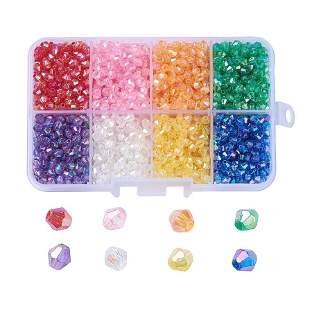 AB Color Plated Environmental Transparent Acrylic Beads, Faceted, Bicone, Mixed Color, 4x4mm, Hole: 1mmt, 1536pcs/box