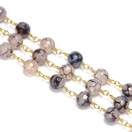 Arricraft 3.28 Feet Handmade Natural Agate Beaded Chains, Unwelded, with Brass Findings, Faceted, Round, Golden, 8mm