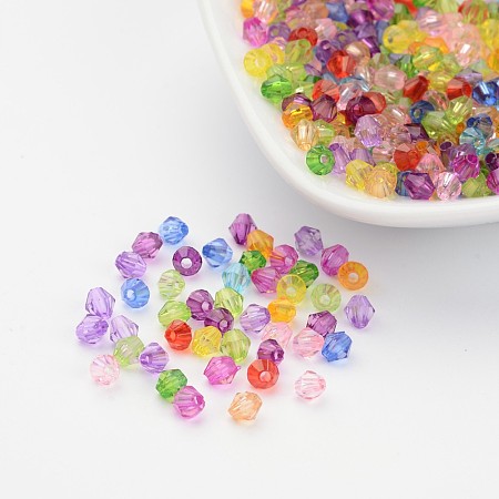 Honeyhandy Mixed Color Chunky Dyed Transparent Acrylic Faceted Bicone Spacer Beads for Kids Jewelry, 4mm in diameter, hole: 1mm