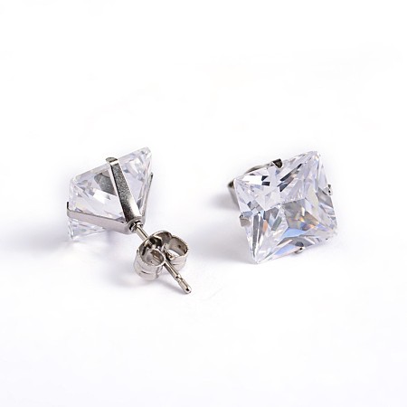 Honeyhandy Square Cubic Zirconia Stud Earrings, with 304 Stainless Steel Pins, Clear, 3.5x3mm, Pin: 0.9mm