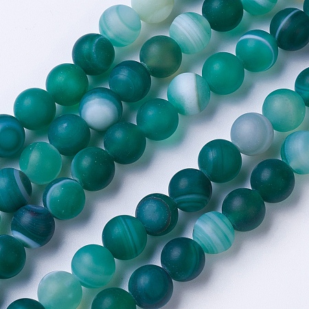 Natural Grade A Striped Agate/Banded Agate Beads Strands, Dyed & Heated, Frosted, Round, Teal, 10mm, Hole: 1.2mm, about 47pcs/strand, 14.9 inch(38cm)