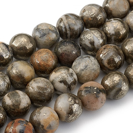 Honeyhandy Natural Pyrite Beads Strands, Round, 10mm, Hole: 0.7mm, about 39pcs/strand, 15.55 inch(39.5cm)