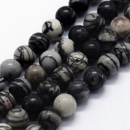 Honeyhandy Natural Black Silk Stone/Netstone Beads Strands, Round, 8mm, Hole: 1mm, about 46pcs/strand,  14.76 inch(37.5cm)