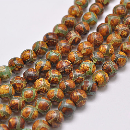 ARRICRAFT Tibetan Style Turtle Back Pattern dZi Beads Strands, Natural & Dyed Agate Beads, Round, Chocolate, 10mm, Hole: 1.5mm, about 39pcs/strand, 16 inches