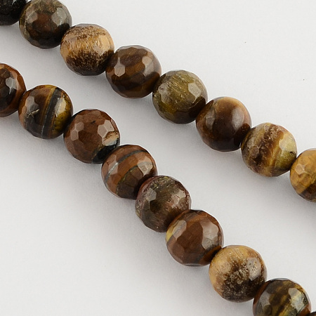 Honeyhandy Natural Tiger Eye Round Bead Strands, Faceted, 4mm, Hole: 1mm, about 100pcs/strand, 14.9 inch
