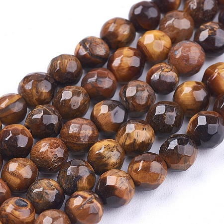 Honeyhandy Natural Tiger Eye Round Bead Strands, Faceted, 6mm, Hole: 1mm, about 63~67pcs/strand, 14.9 inch